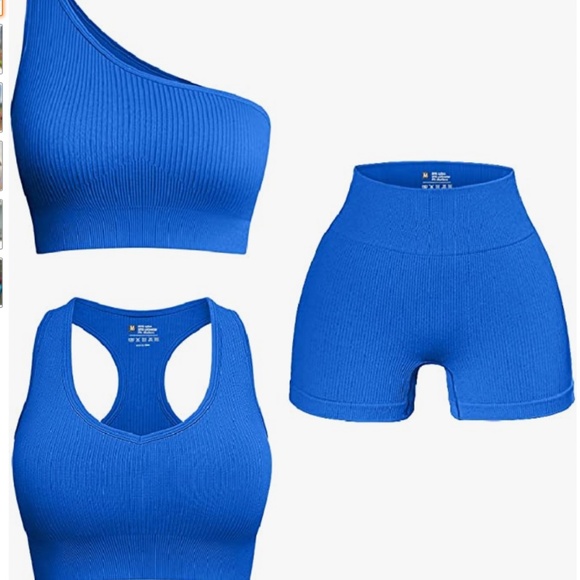Women's 3 Piece Outfits Ribbed Seamless Exercise Scoop Neck Sports Bra One Shoul